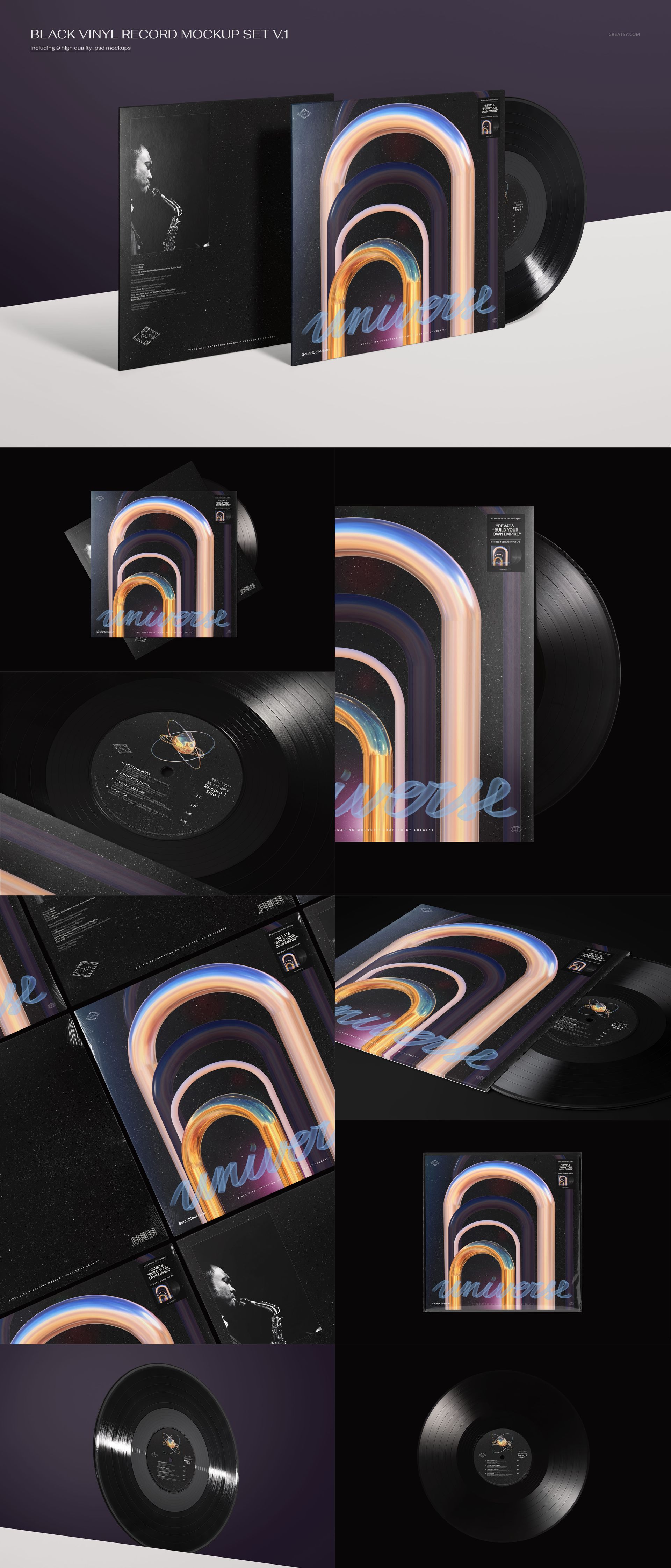 Vinyl record mockup bundle featuring a black disc and album sleeve with retro rainbow arches, displayed in various perspectives.