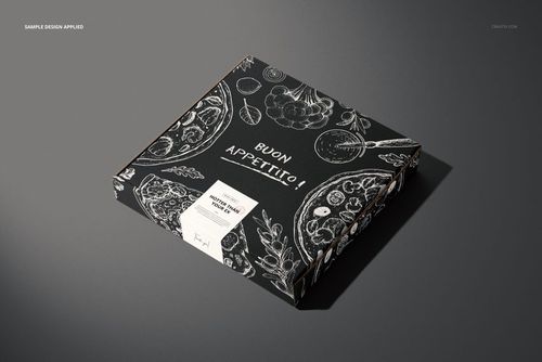 Pizza box mockup featuring black surface with white hand-drawn food graphics and a rectangular sticker on top.