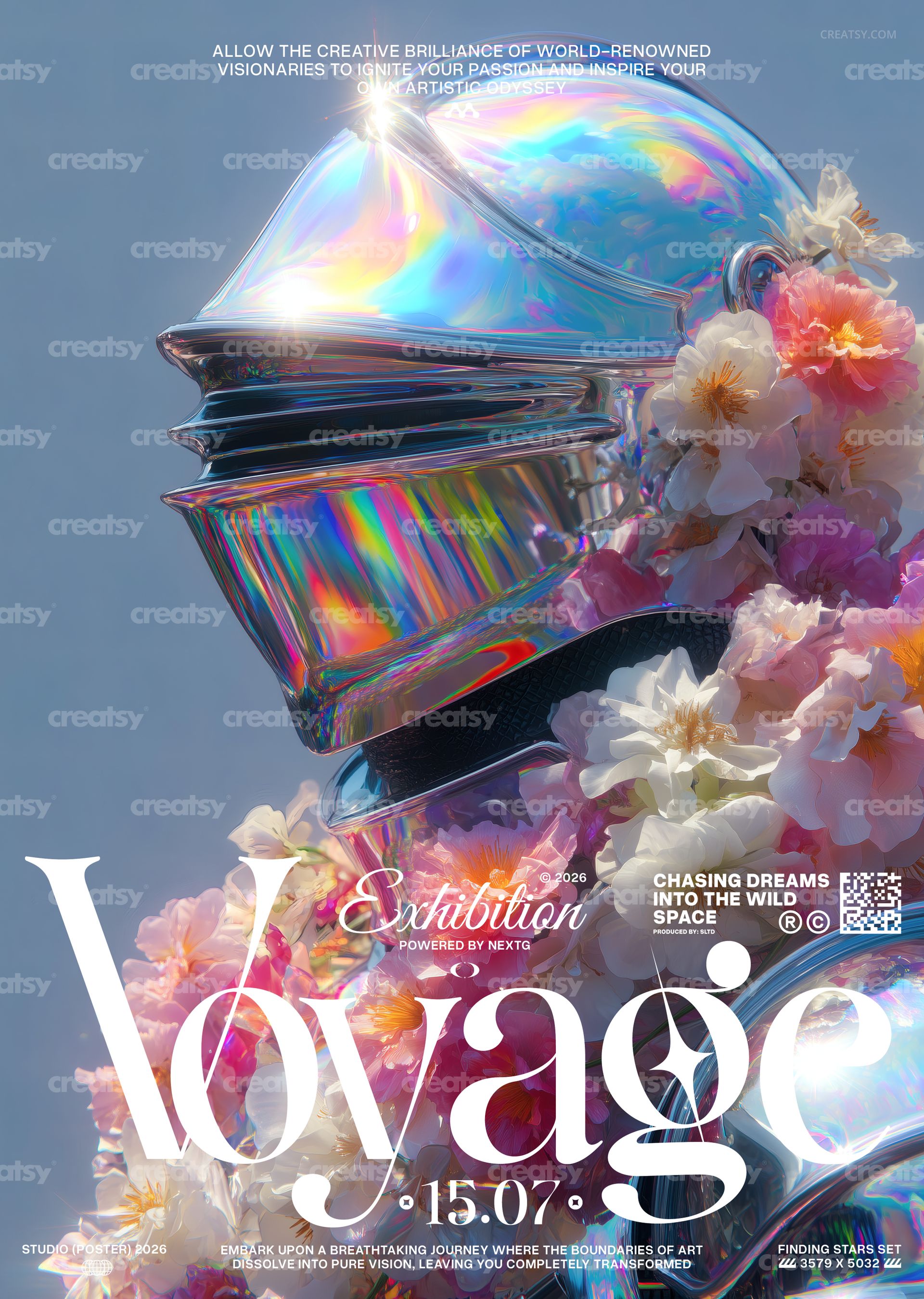 PSD mockup poster with a shiny iridescent helmet, soft floral arrangement, and large white lettering in the foreground.