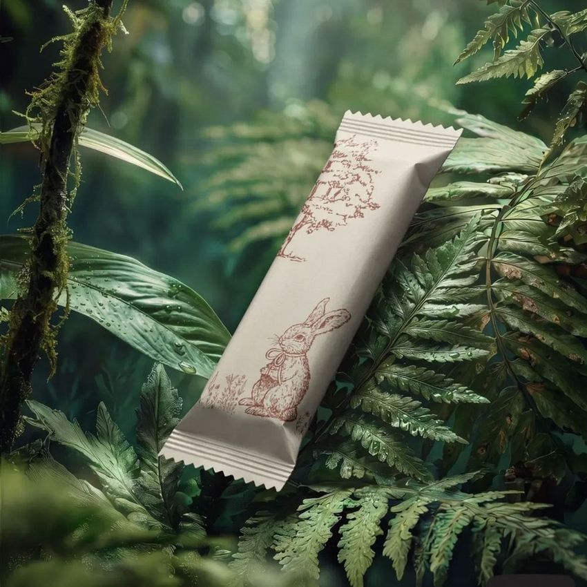 Candy bar mockup featuring a white wrapper with a rabbit illustration, placed among lush green jungle foliage and ferns.
