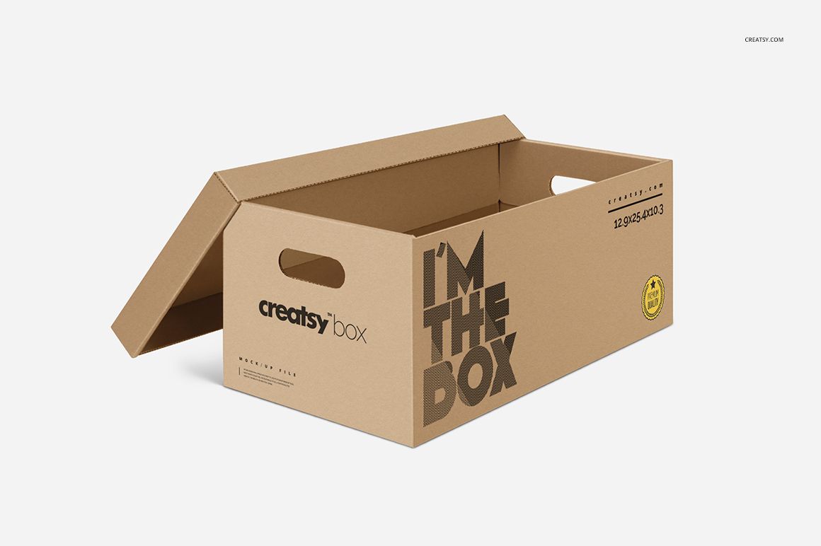 Brown moving box mockup shown from a three-quarter perspective, featuring printed graphics and open top.