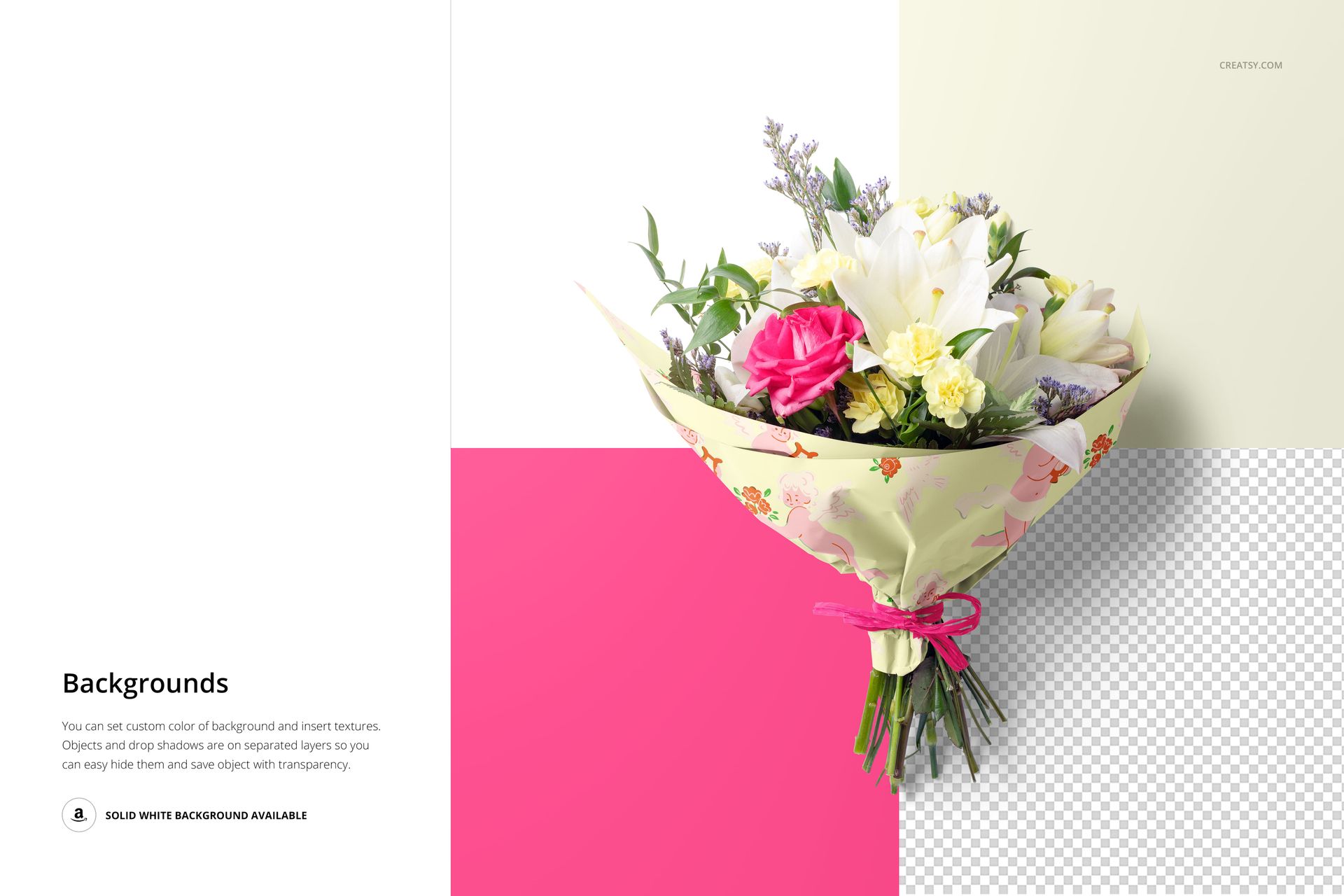 Bouquet of mixed flowers in decorative packaging, shown on a PSD mockup with multicolor background blocks.