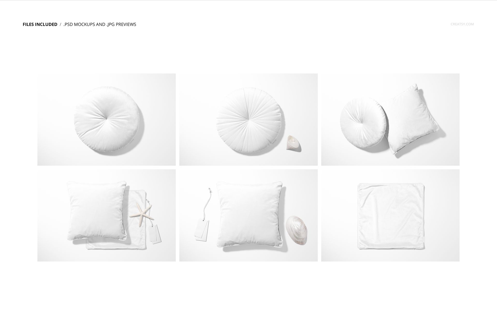 Mockup set featuring square and round white velvet cushions with piping, arranged with minimal props on a white background.