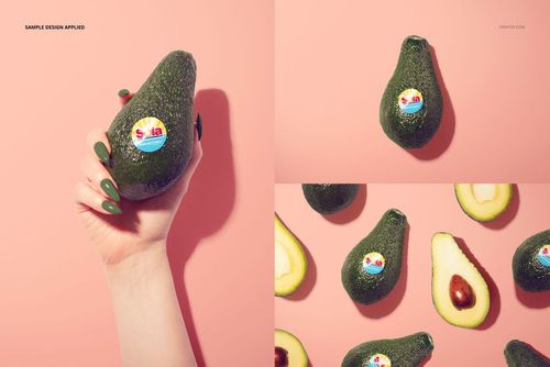 Round fruit sticker mockup featuring avocados on a pink background, with close-up and top view perspectives.