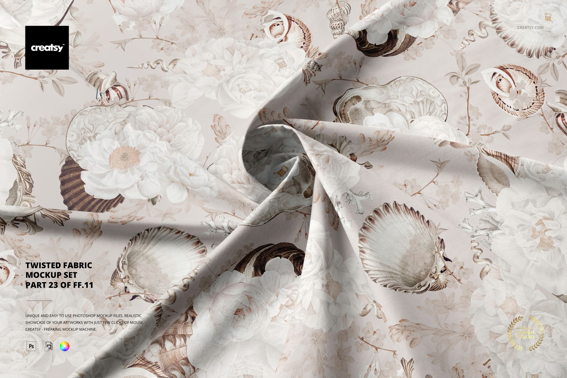 Twisted cotton fabric mockup featuring a soft beige background with floral and seashell patterns, seen from above.