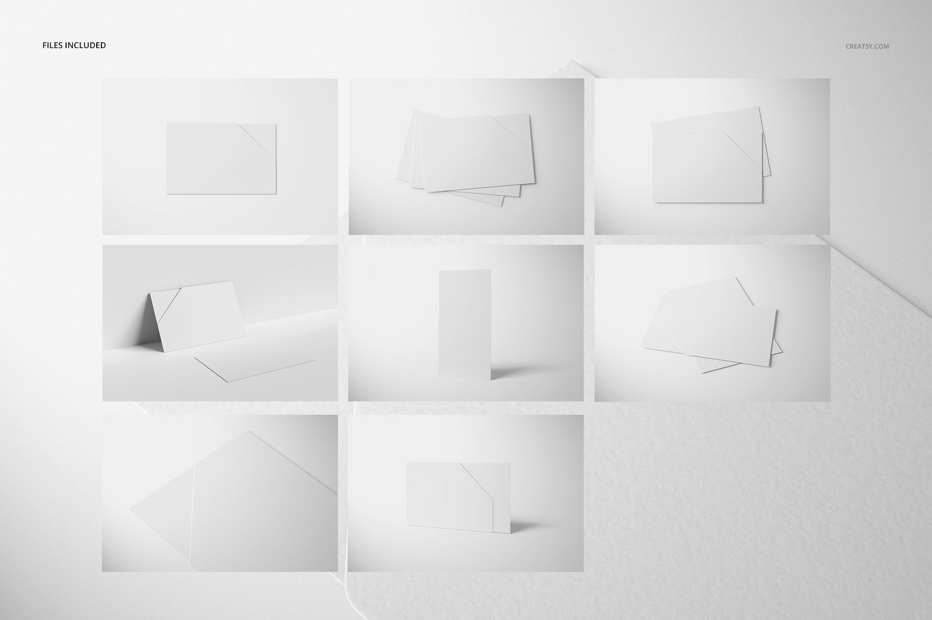 Collection of stationery sleeve mockups in assorted layouts, highlighting textures and shadows on a minimalist background.