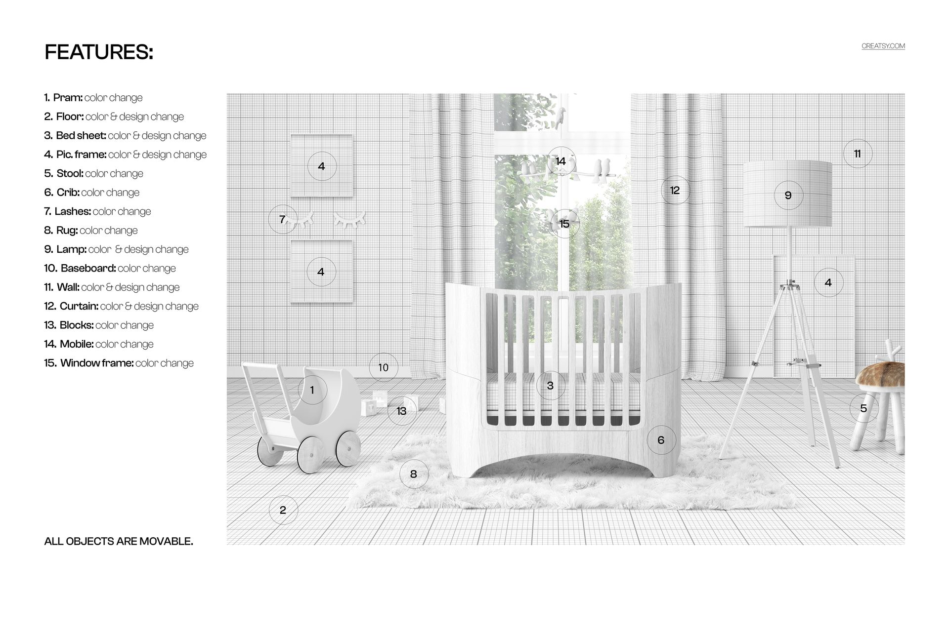 PSD mockup of an oval wooden crib in a contemporary nursery featuring neutral tones and soft furnishings, front perspective.