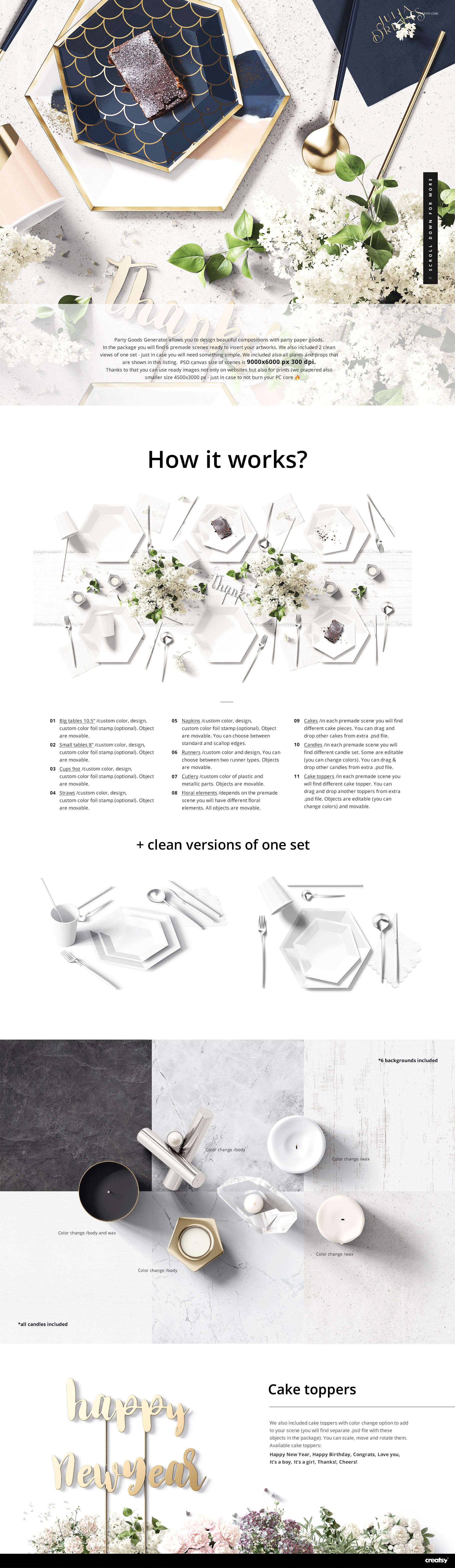 Party supplies mockup set featuring hexagonal plates, cups, napkins, and floral decorations arranged on a white surface.
