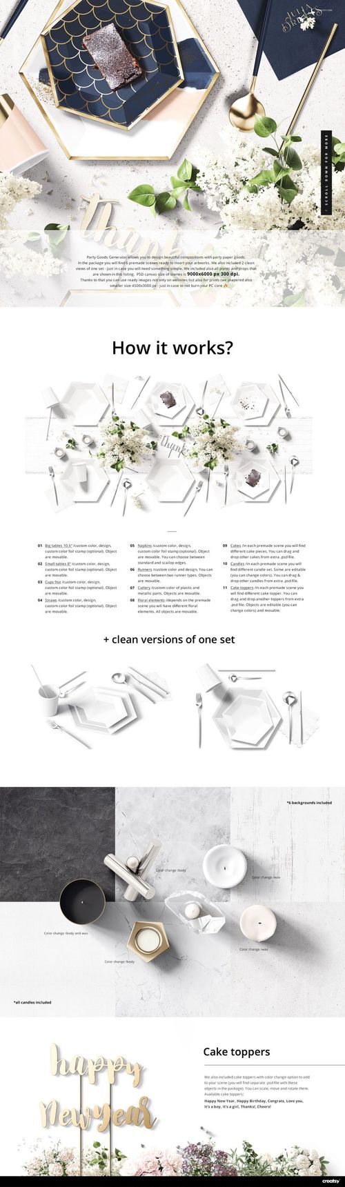 Party supplies mockup set featuring hexagonal plates, cups, napkins, and floral decorations arranged on a white surface.