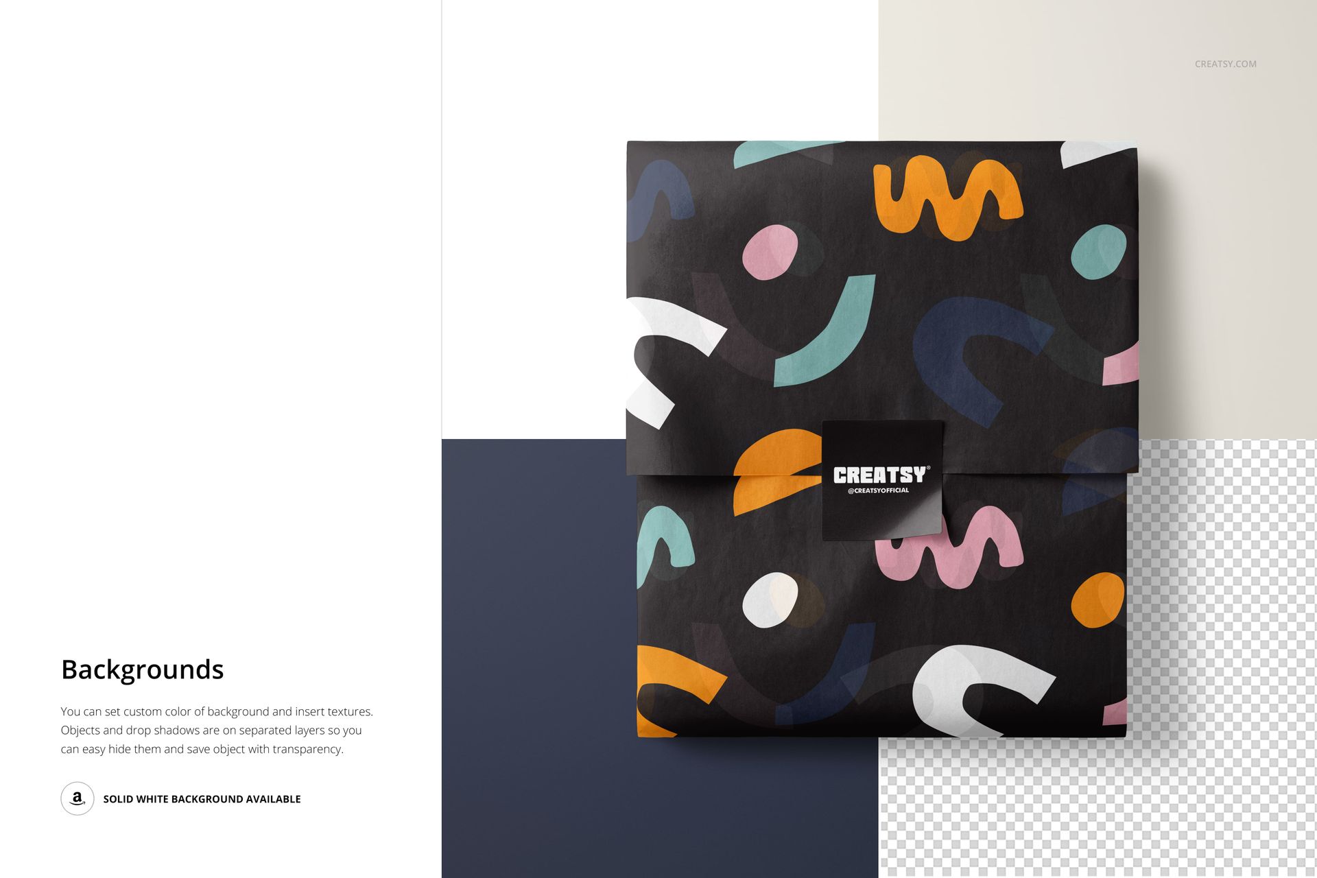 Square-shaped tissue paper mockup with multicolored geometric shapes and a black sticker, displayed on a split background.