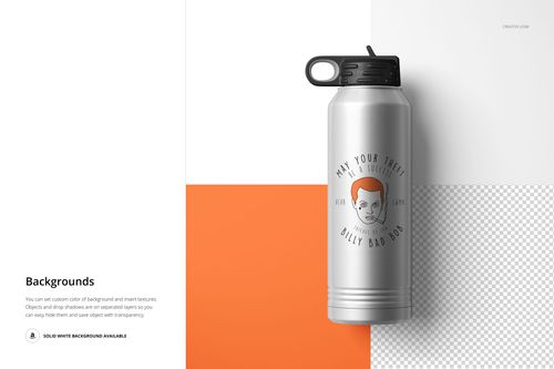 40 oz. stainless steel water bottle mockup with black screw cap, displayed on divided white and orange surface.