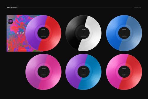 PSD mockup displaying six vinyl records in vibrant split colors and a cover, all arranged neatly on a dark surface.