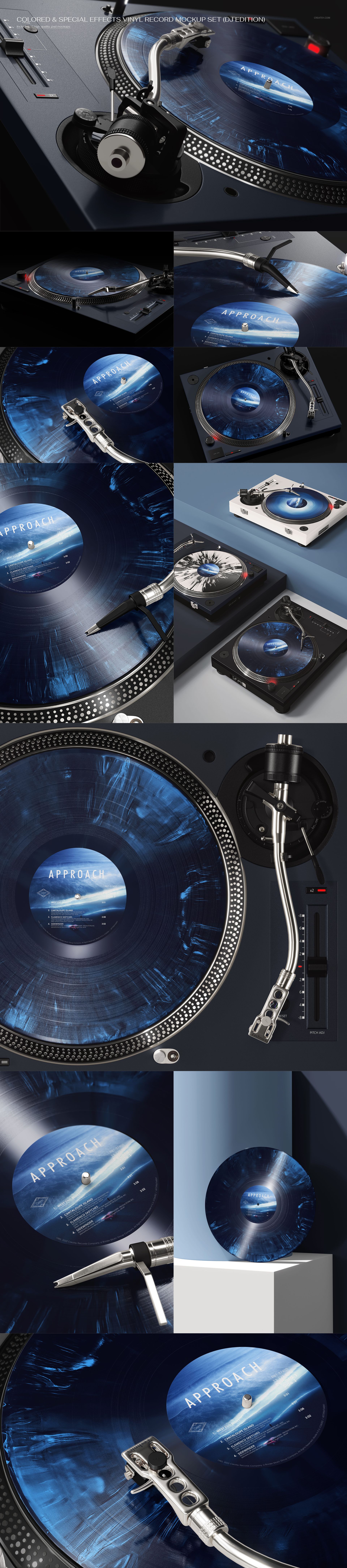 Collection of vinyl record mockups featuring black and blue records on turntables and in sleeves, shown from various angles.