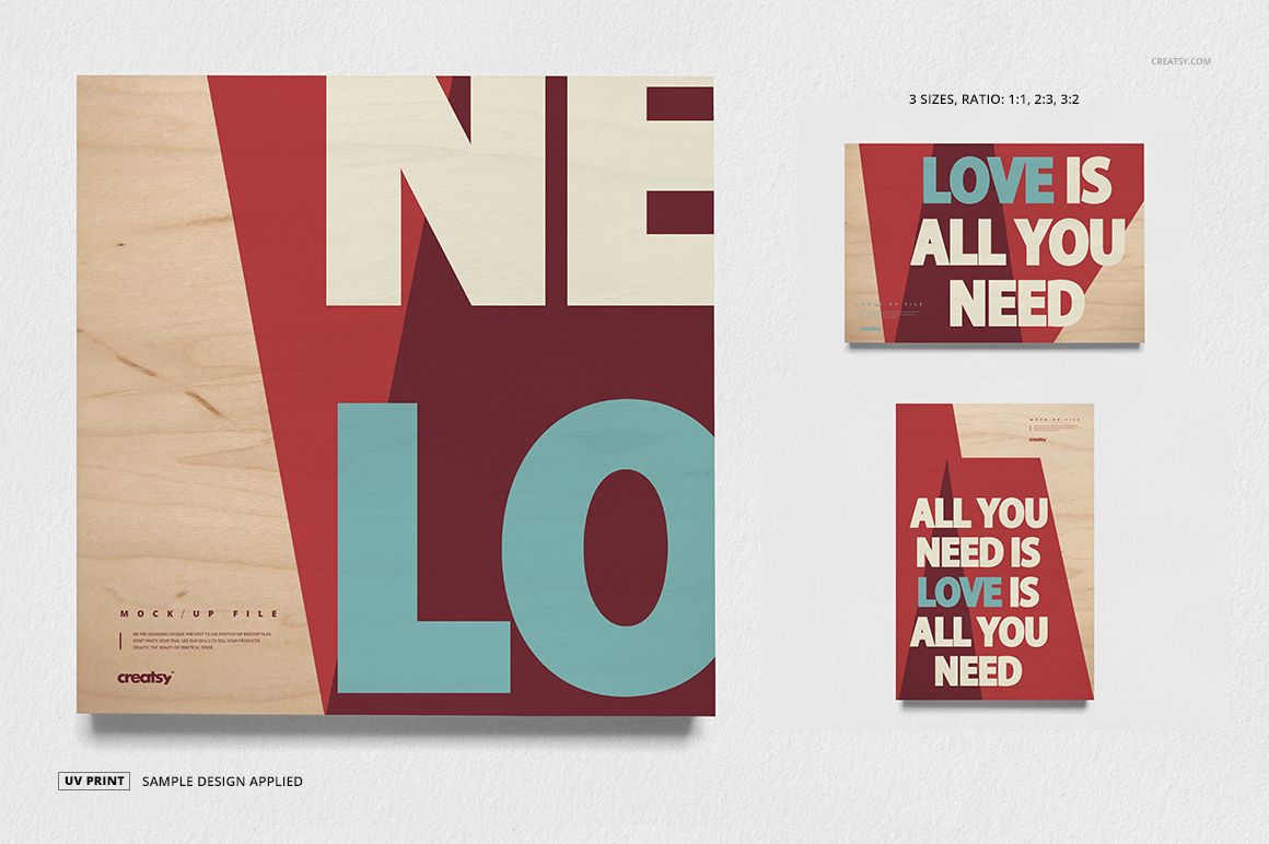 Wood plaque wall art mockup set featuring three sizes with bold geometric shapes and large text design.