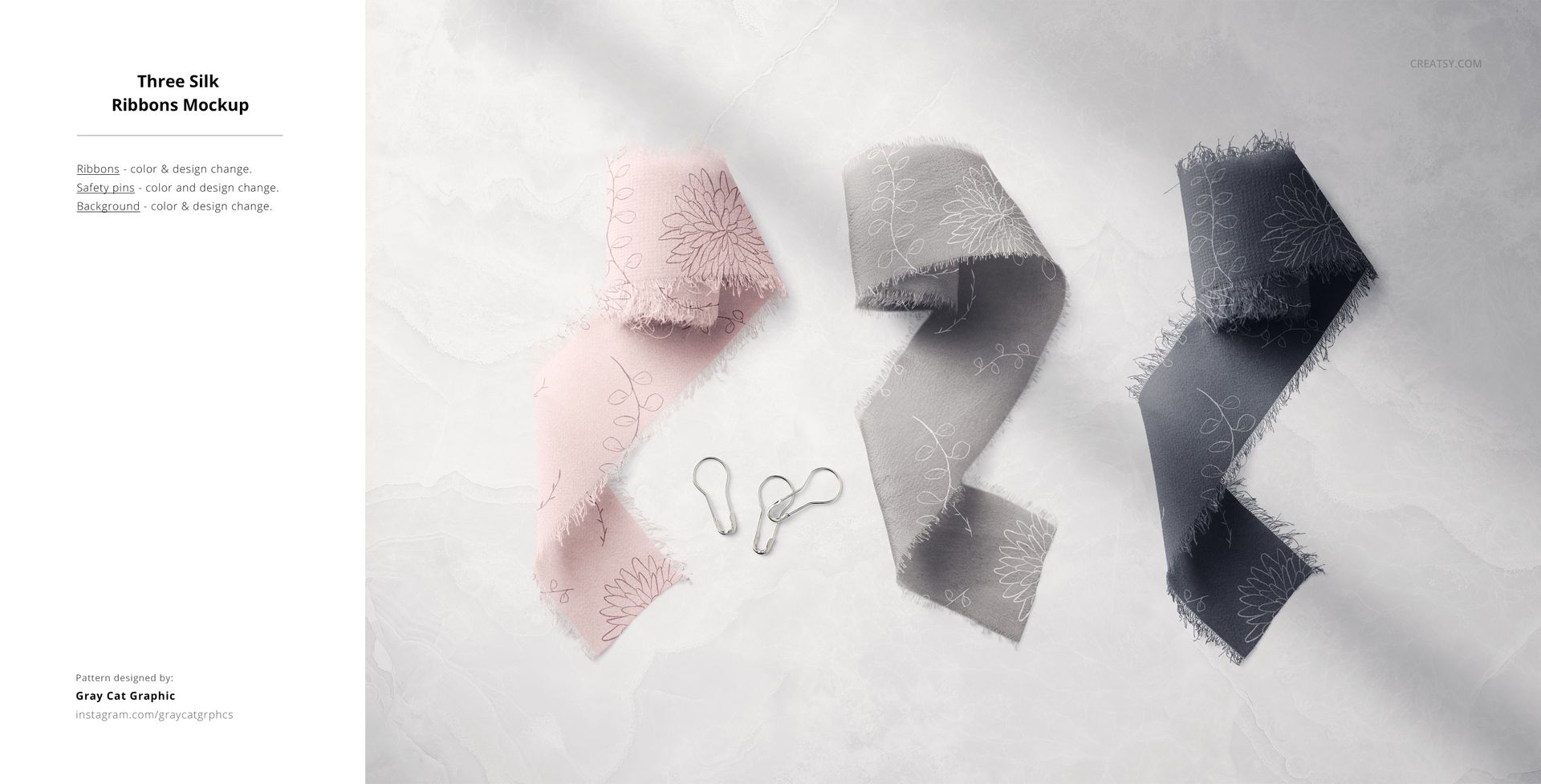 Fabric mockup showing three textured silk ribbons with delicate flower motifs, displayed side by side on a neutral background.