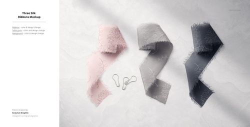 Fabric mockup showing three textured silk ribbons with delicate flower motifs, displayed side by side on a neutral background.