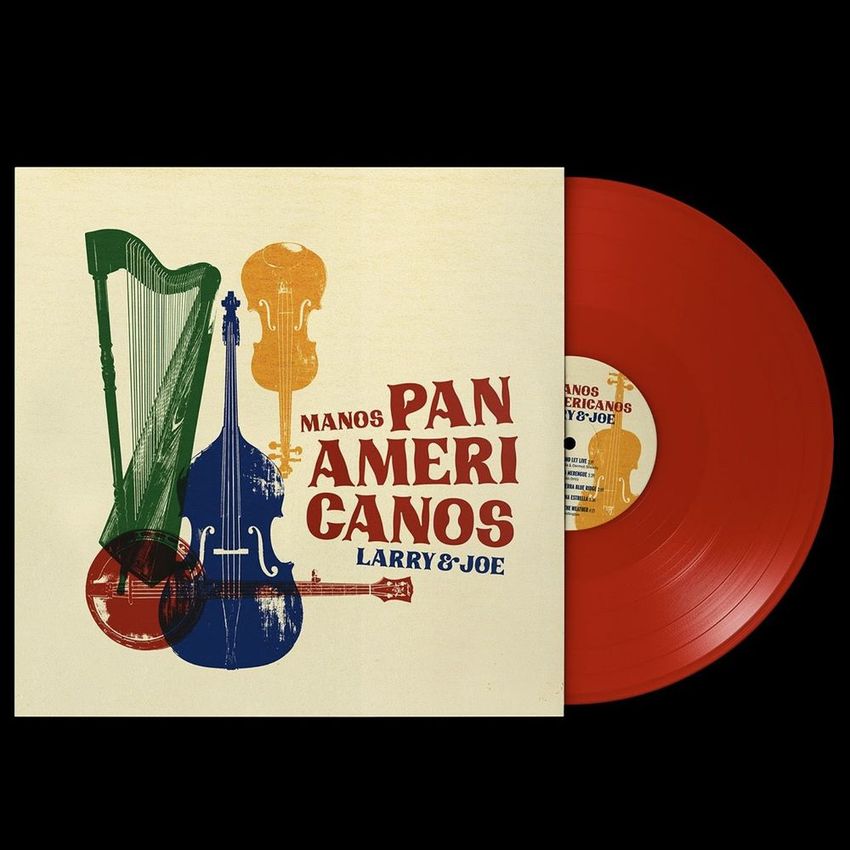 Album cover mockup with a red vinyl record, showing stylized instrument artwork and large, colorful text on a light background.