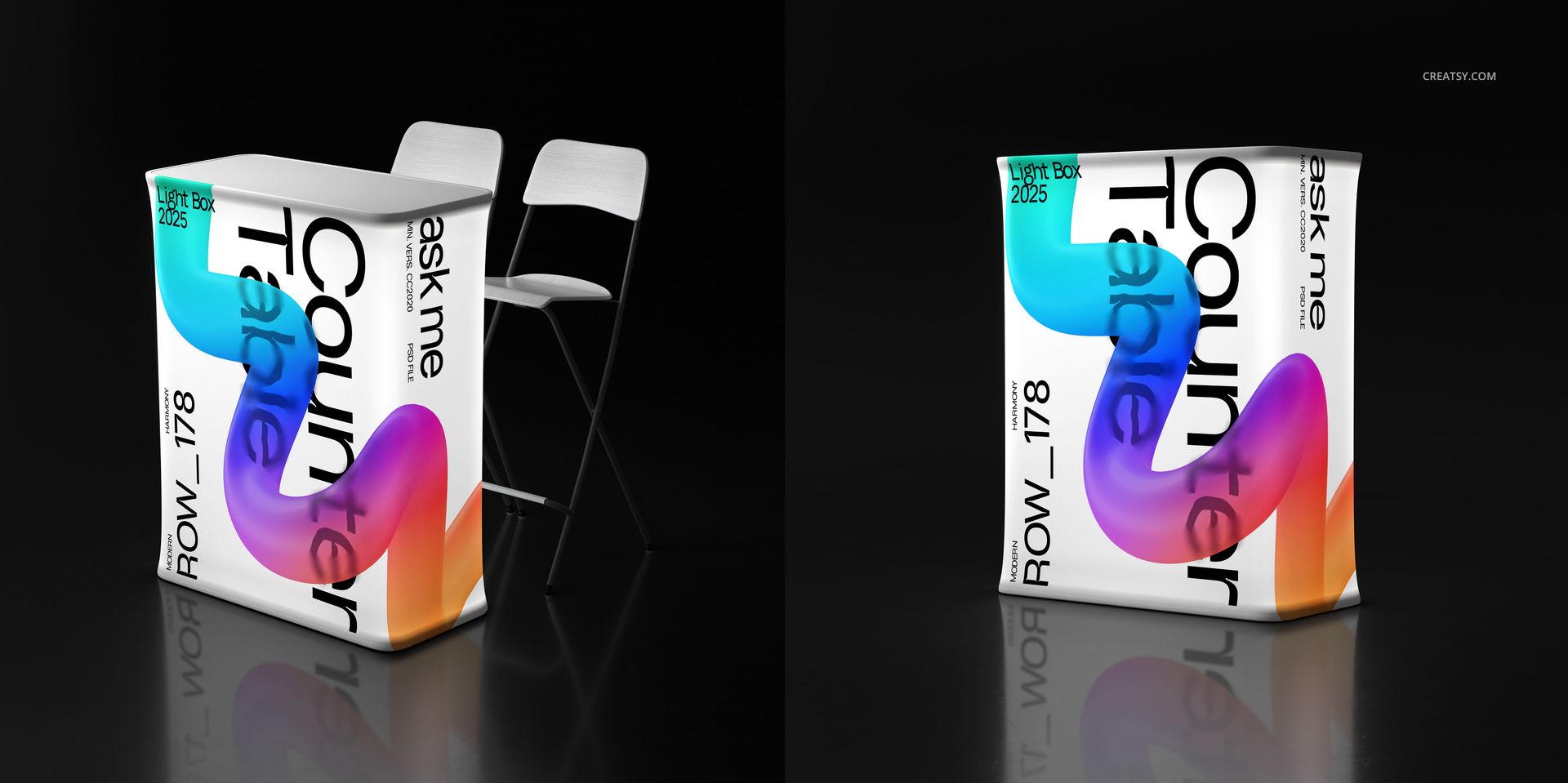 PSD mockup of a modern illuminated counter table featuring colorful abstract design, paired with a simple white chair.