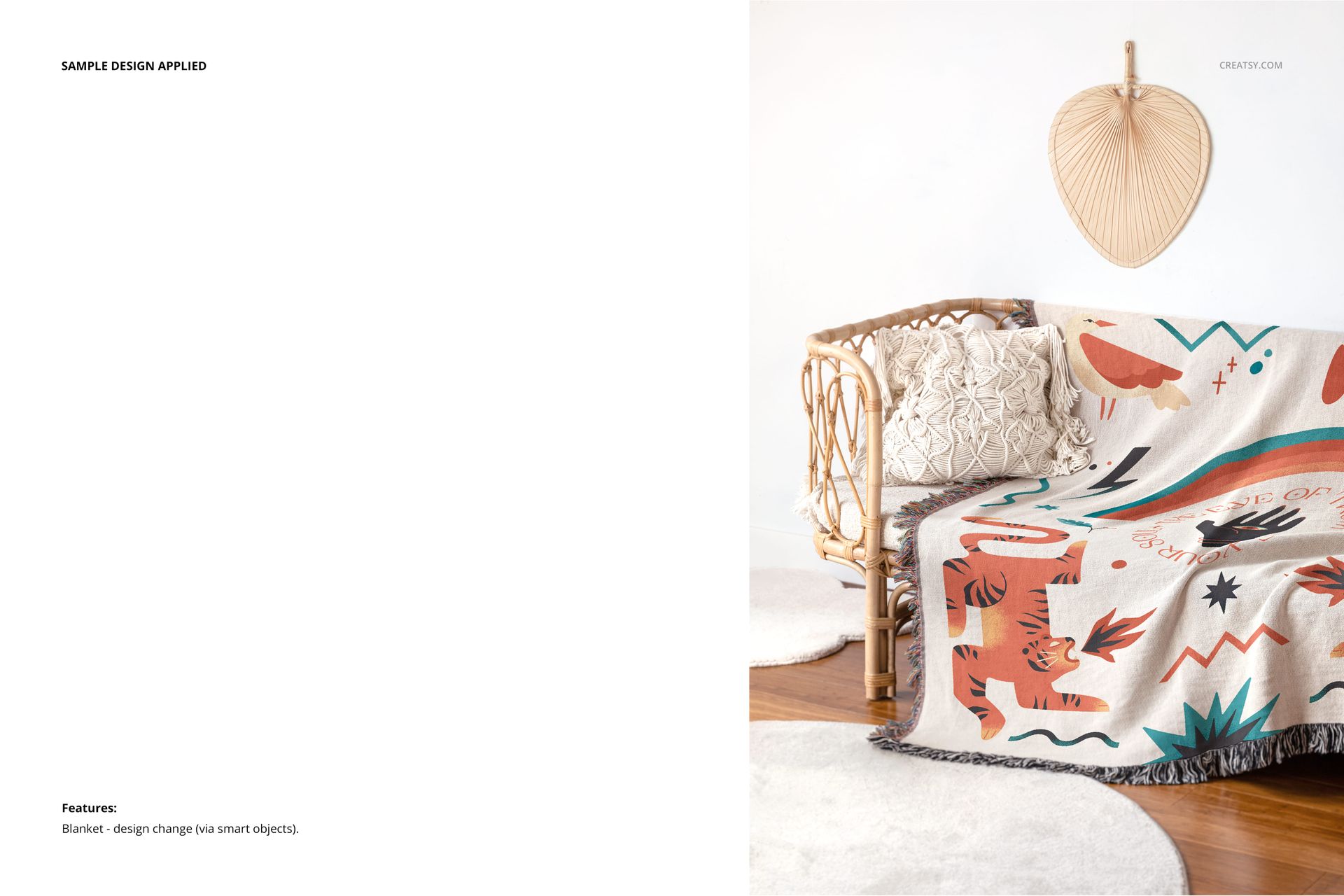 Boho style woven blanket mockup featuring earthy tones and geometric shapes on a sofa in a minimalist living room.