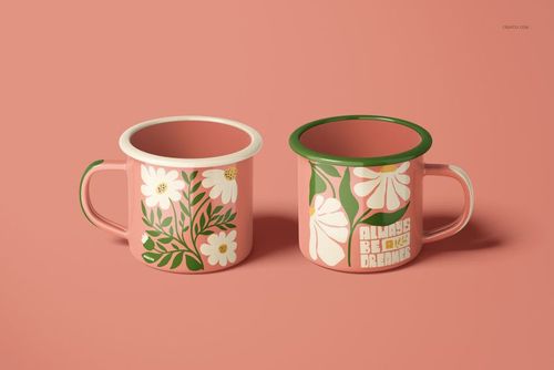 PSD mockup of enamel mugs with botanical designs and text, positioned together against a soft pink backdrop.
