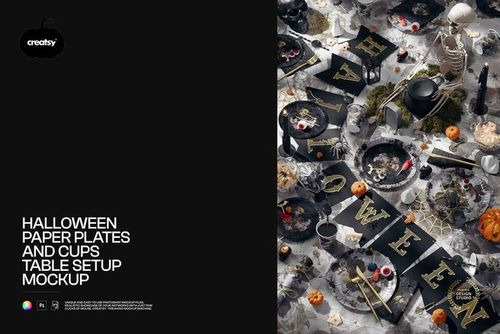 PSD mockup featuring Halloween paper plates and cups on a decorated table with spooky props and dark colors, overhead angle.