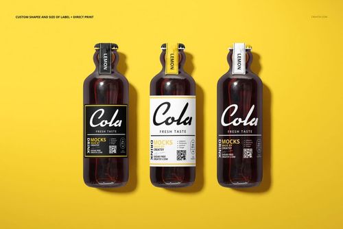 PSD mockup featuring a trio of vintage cola bottles with distinct label designs, set on a vibrant yellow surface.