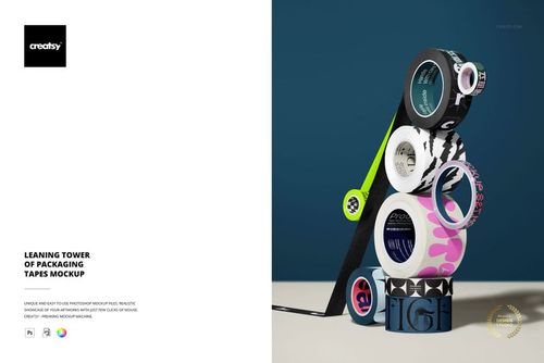 Stacked packaging tapes in various colors and patterns arranged vertically on a neutral surface, front view mockup.