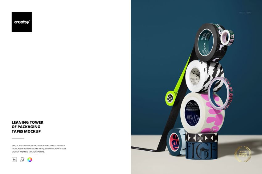 Stacked packaging tapes in various colors and patterns arranged vertically on a neutral surface, front view mockup.