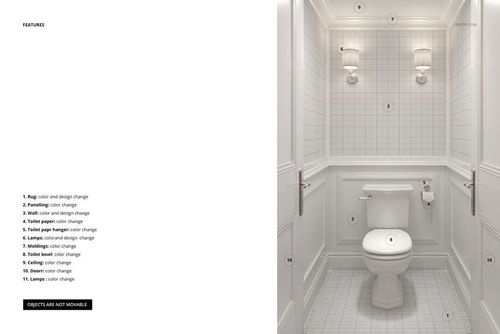 Front view of a traditional bathroom mockup with classic white wainscoting, grid-patterned walls, and chrome fixtures.