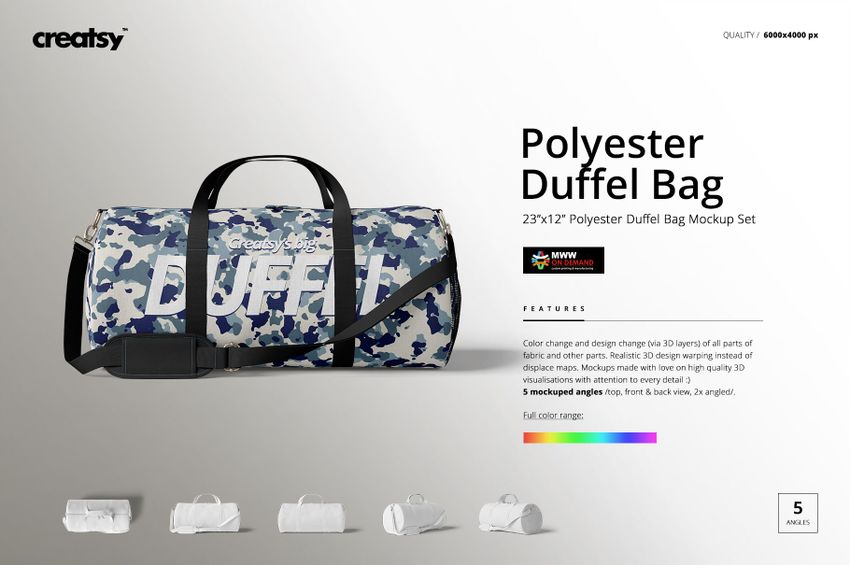 Polyester duffel bag mockup displayed with a blue camouflage design, black handles, and white background.