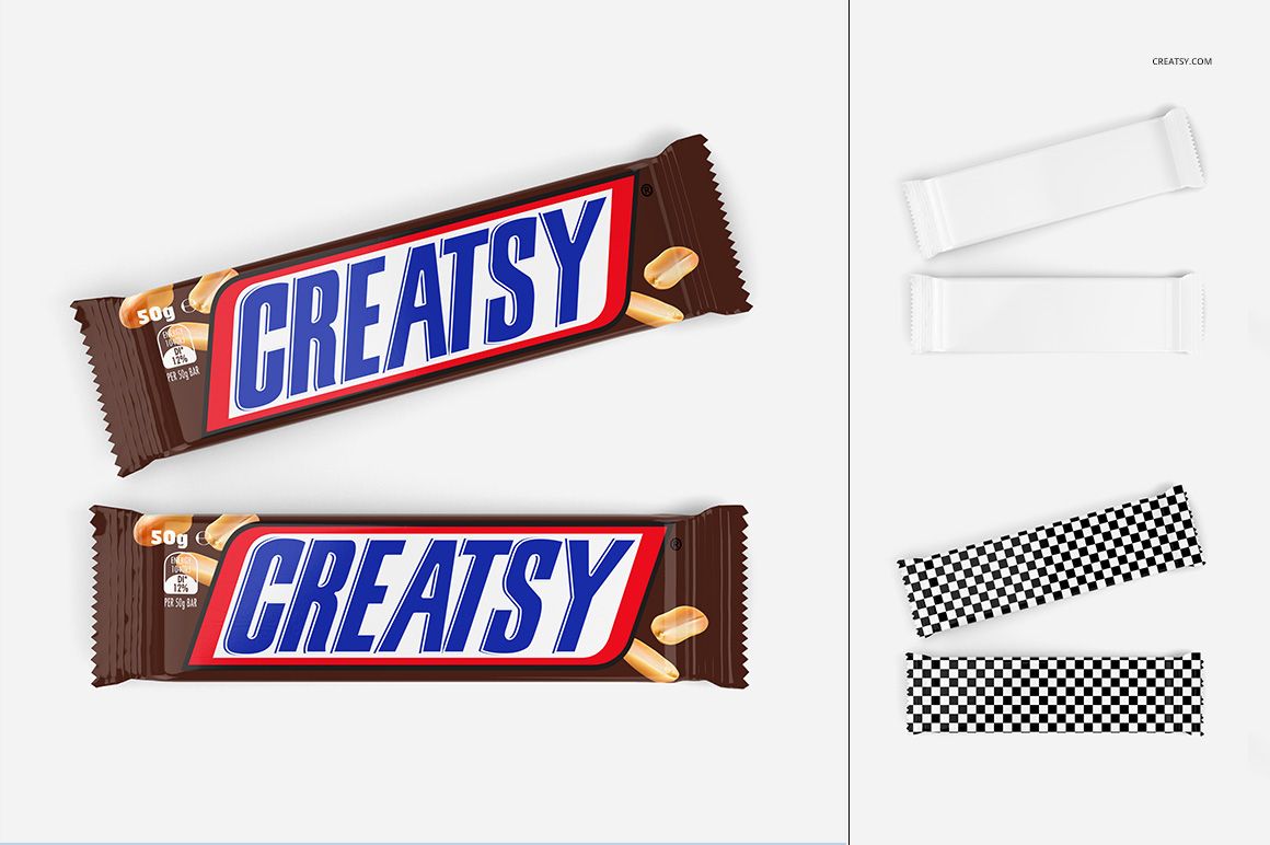 Front view of two chocolate bar packages with bold lettering, peanuts, and editable mockup wrappers on a white background.