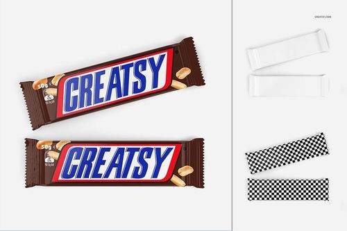 Front view of two chocolate bar packages with bold lettering, peanuts, and editable mockup wrappers on a white background.