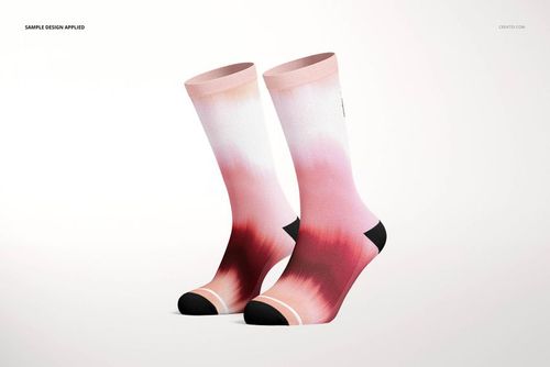 Pair of long socks mockup with a gradient pink and burgundy pattern, shown from a side angle on a white background.