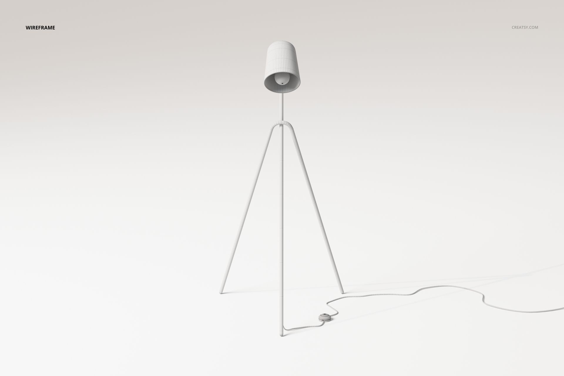 Minimalist floor lamp with tripod legs and a cylindrical lampshade, shown in a clean white wireframe style on a plain background.