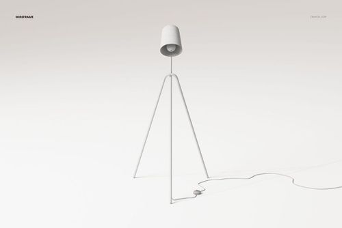 Minimalist floor lamp with tripod legs and a cylindrical lampshade, shown in a clean white wireframe style on a plain background.