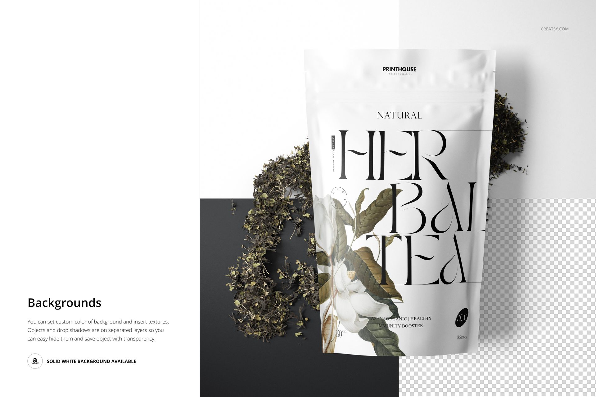 Front view of a stand up zip lock bag mockup with botanical artwork, placed on a white and gray textured background.