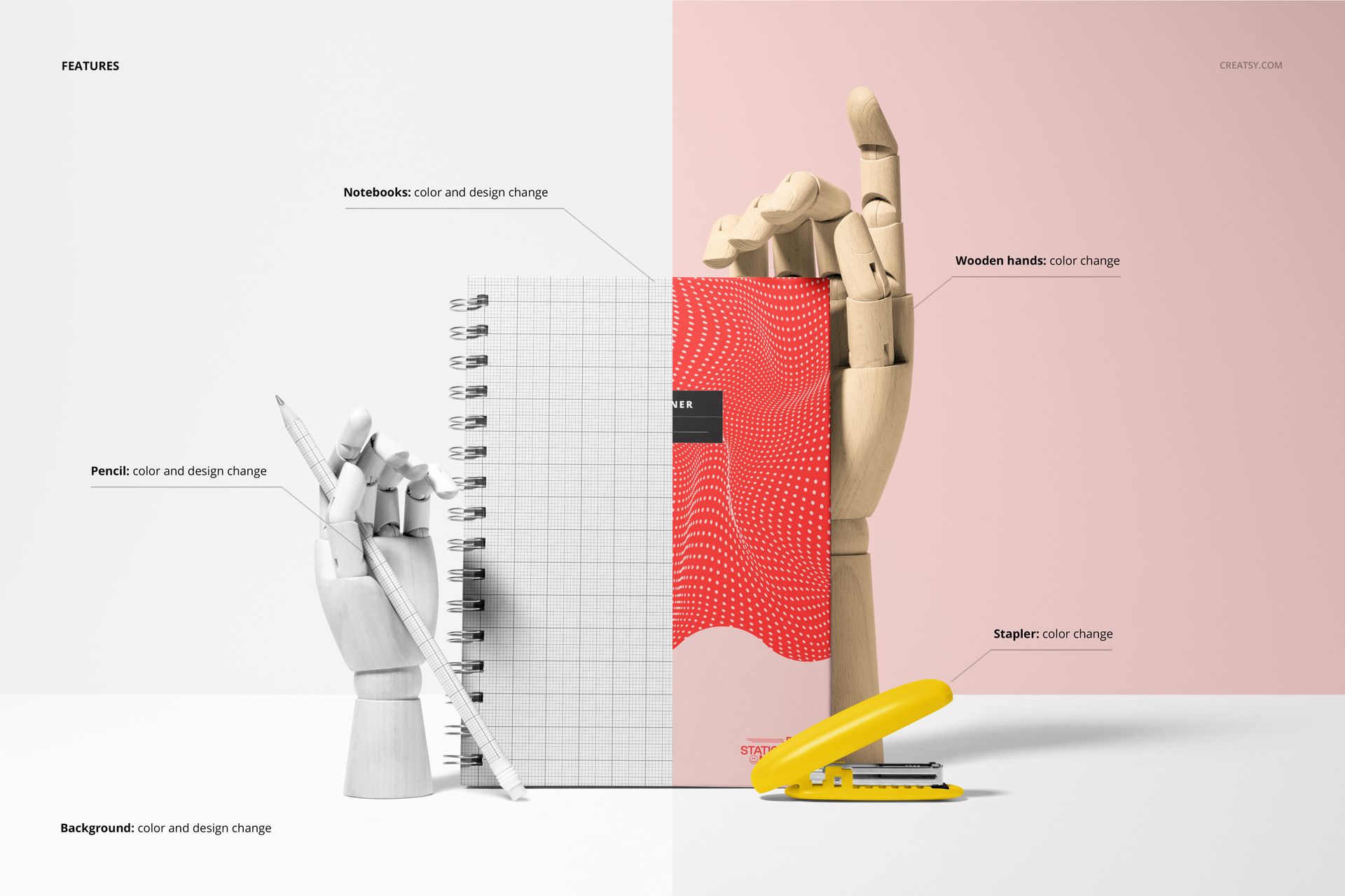 Spiral planner mockup with wooden mannequin hands holding a notebook and pencil, split background in white and pink.