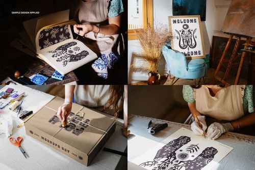 PSD mockup set of folk-inspired prints and frames on tables and easels, surrounded by art supplies and sunlight.