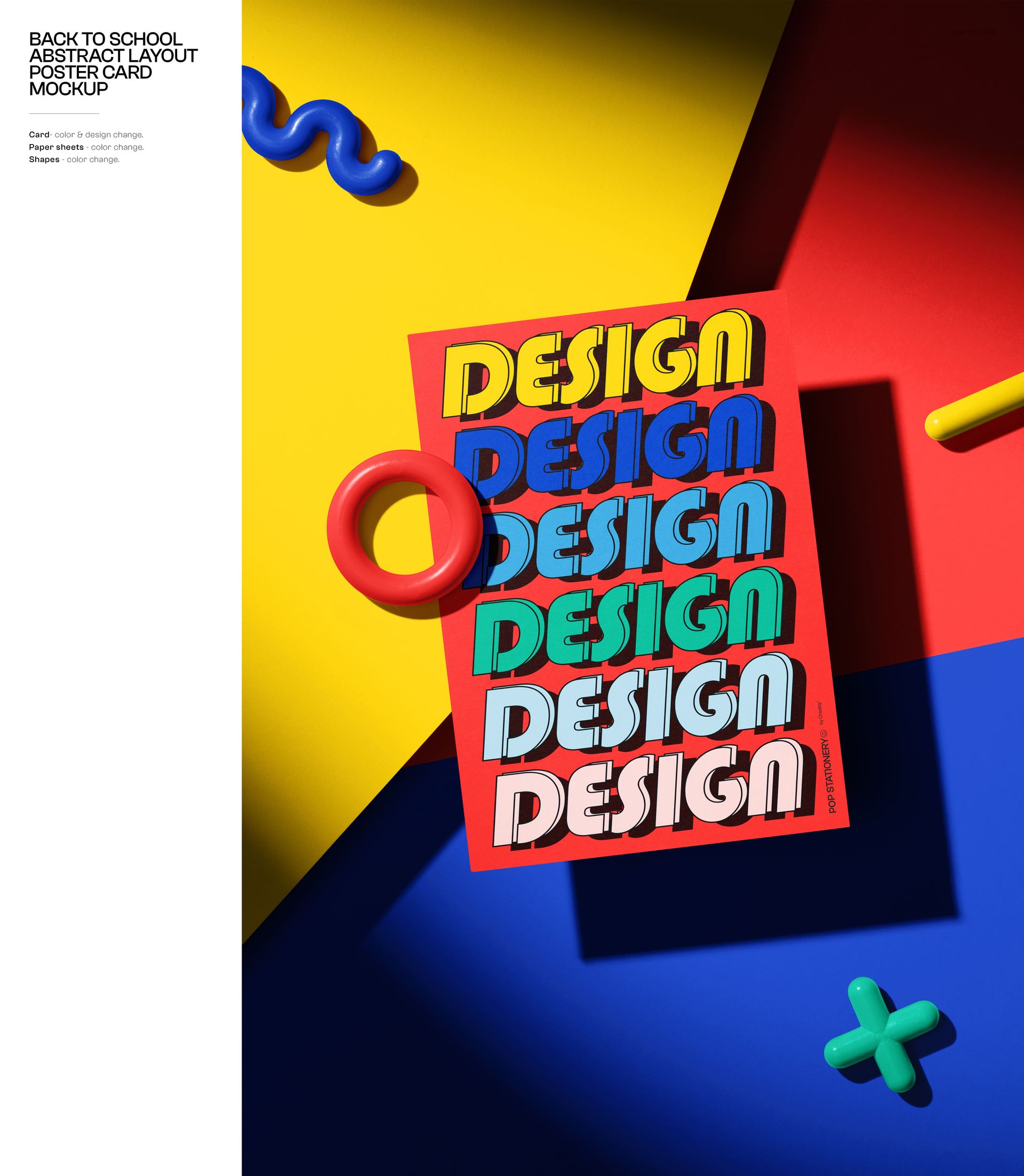 Colorful stationery mockup with a red notebook displaying repeated 'DESIGN' text, surrounded by geometric props on a bold, abstract background.