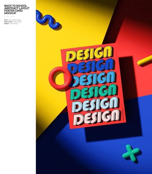 Colorful stationery mockup with a red notebook displaying repeated 'DESIGN' text, surrounded by geometric props on a bold, abstract background.