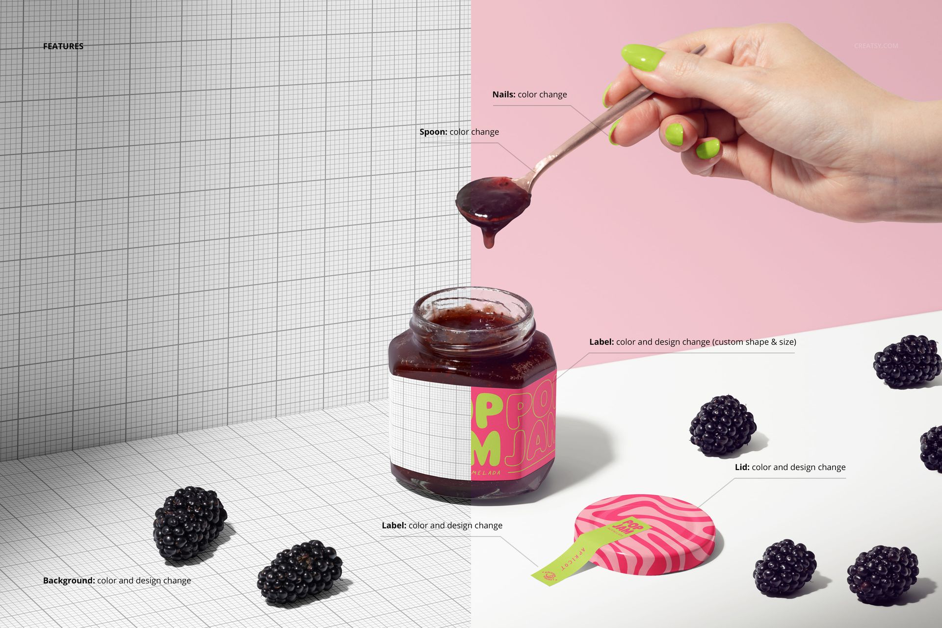 Blackberry jam jar mockup displayed on a split background, featuring a spoon with jam and loose blackberries scattered nearby.
