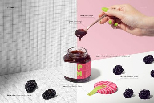 Blackberry jam jar mockup displayed on a split background, featuring a spoon with jam and loose blackberries scattered nearby.