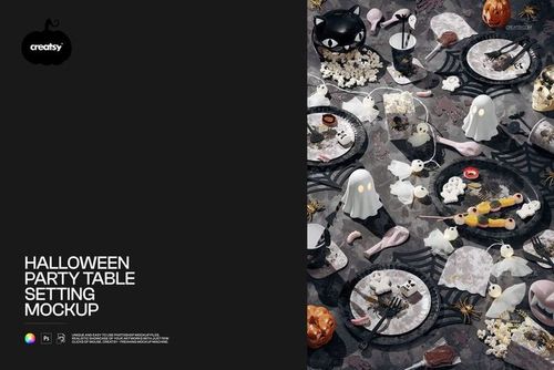 Halloween table setting mockup featuring ghost decorations, pumpkins, black cat mask, plates and party accessories.
