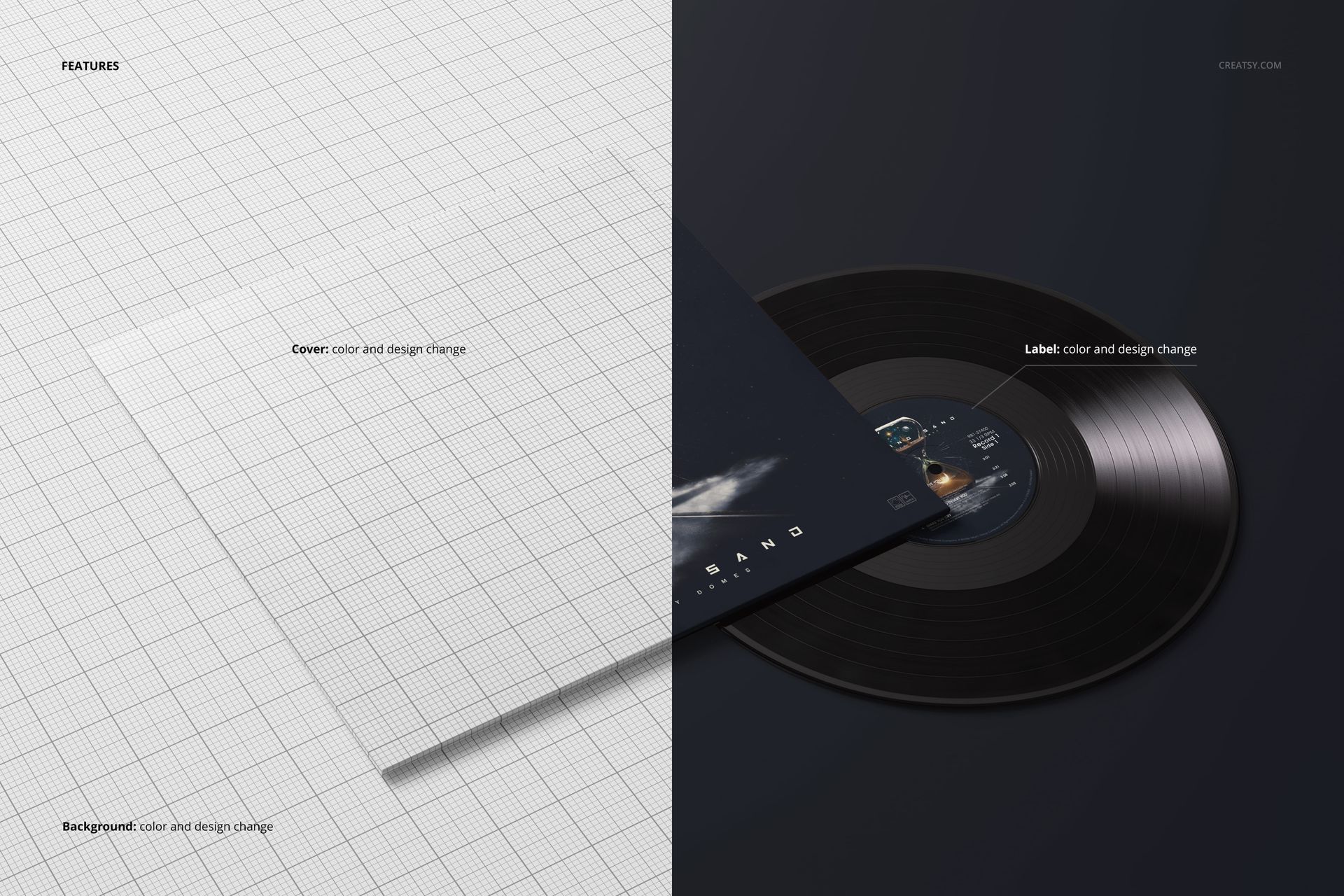Black vinyl record mockup shown at an angle with a dark album cover, set against a divided grid and solid background.