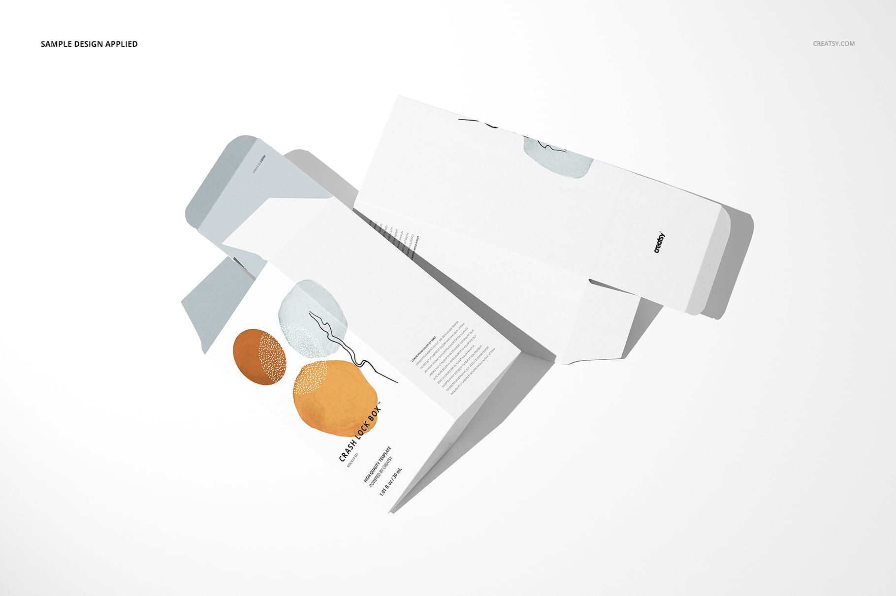 Tuck top crash lock box packaging mockup with abstract orange and gray shapes, shown in a flat lay on a white background.
