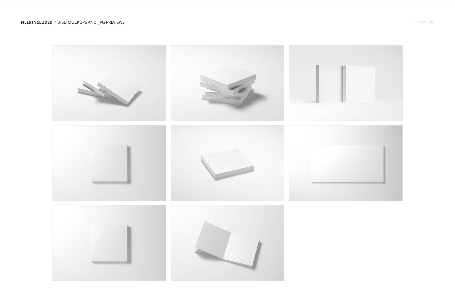 Board book mockup set featuring nine layouts of blank white books on a light background, shown from various angles.