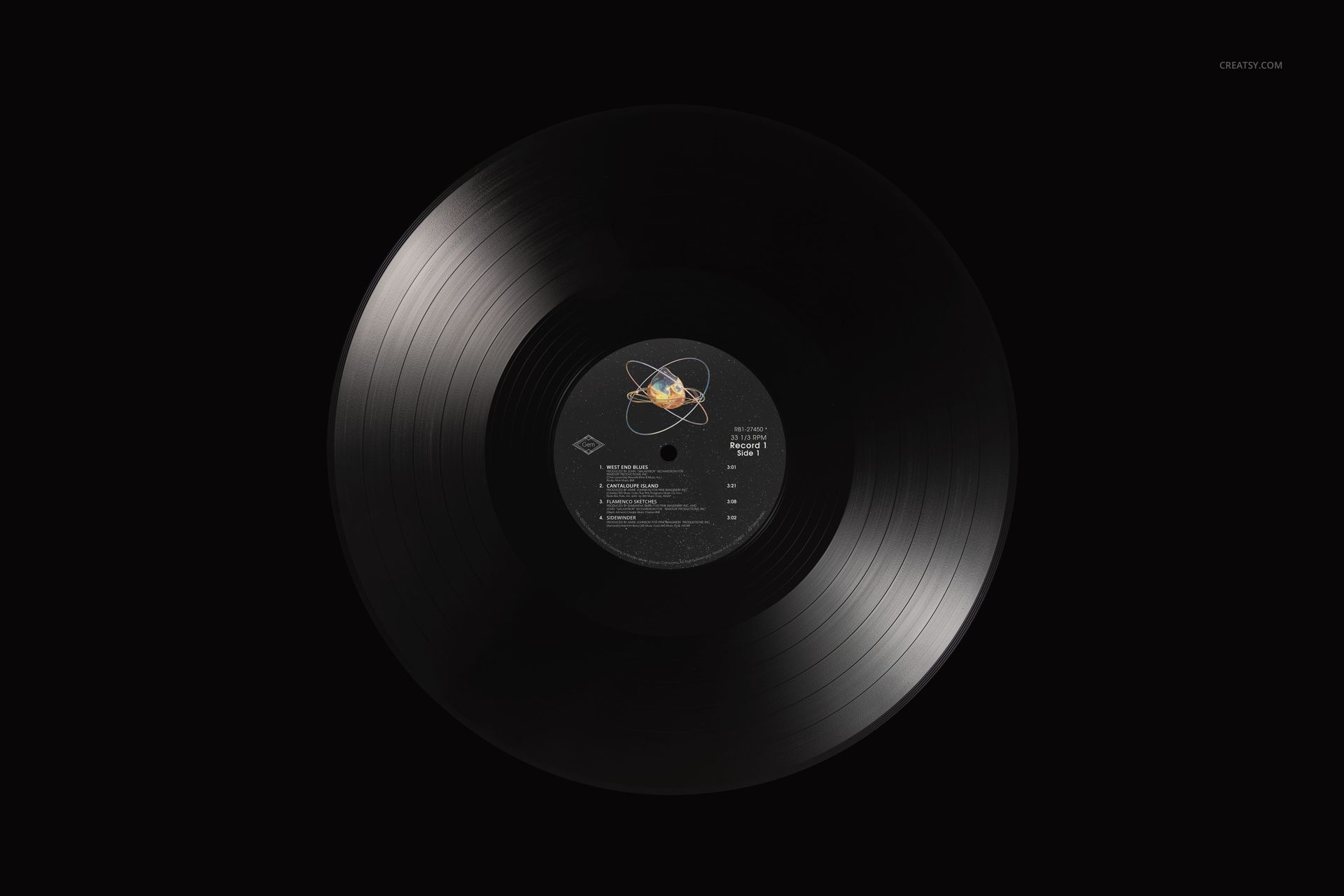 Top view of a black vinyl record with a visible central label, set against a solid black background for a mockup design.