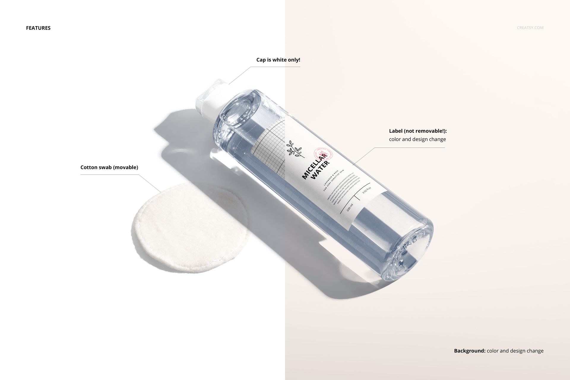 PSD mockup of a transparent cosmetics bottle with a white lid and label, shown at an angle beside round cotton pads.