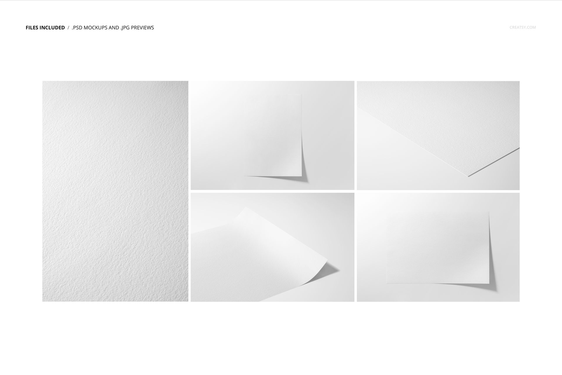Set of five fine art print mockups featuring textured white paper sheets in various angles and perspectives.