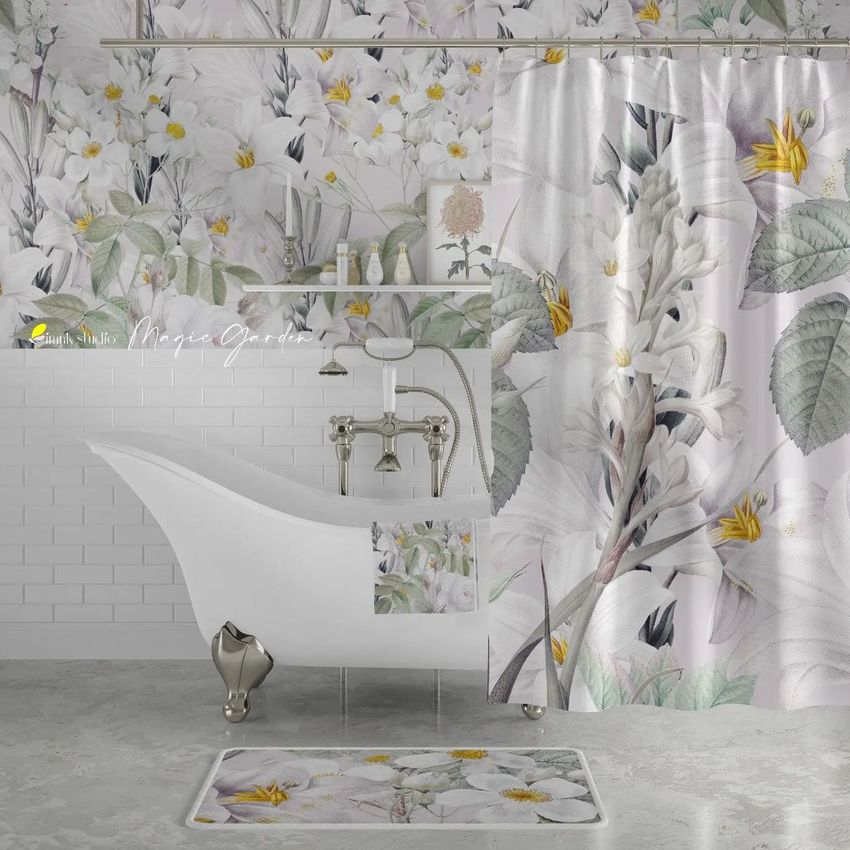 Bath curtain mockup showing a white bathroom with a clawfoot tub, floral shower curtain, matching bath mat, and wall decor.